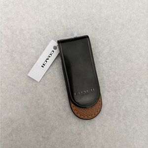 Coach Black Leather Money Clip with Brown Woven Accent